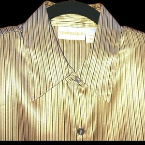 Christie & Jill Silky Satiny Gold Striped Blouse Long Sleeves Full Button Front